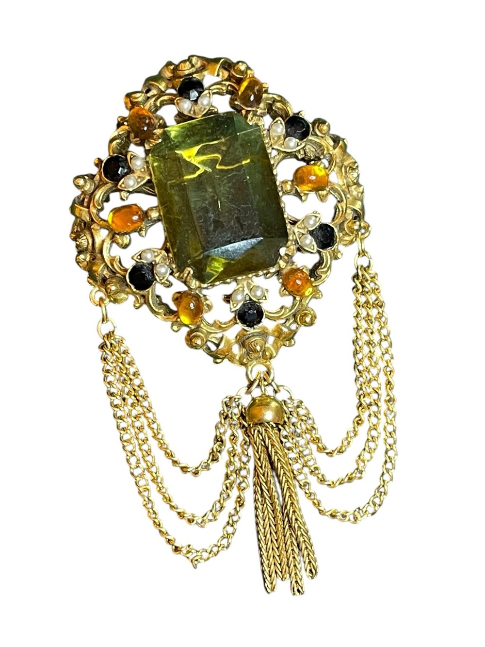 1960’s Florenza Olivine Glass Rhinestone Ornate Chain Drape Tassel Brooch